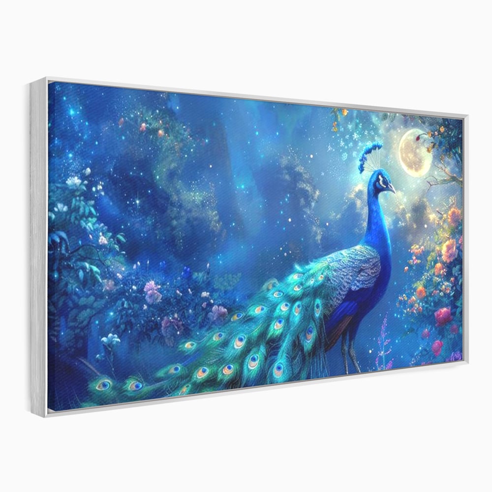 Tablou canvas cu tablou canvas cu paun albastru noaptea, in rama de aluminiu argintiu